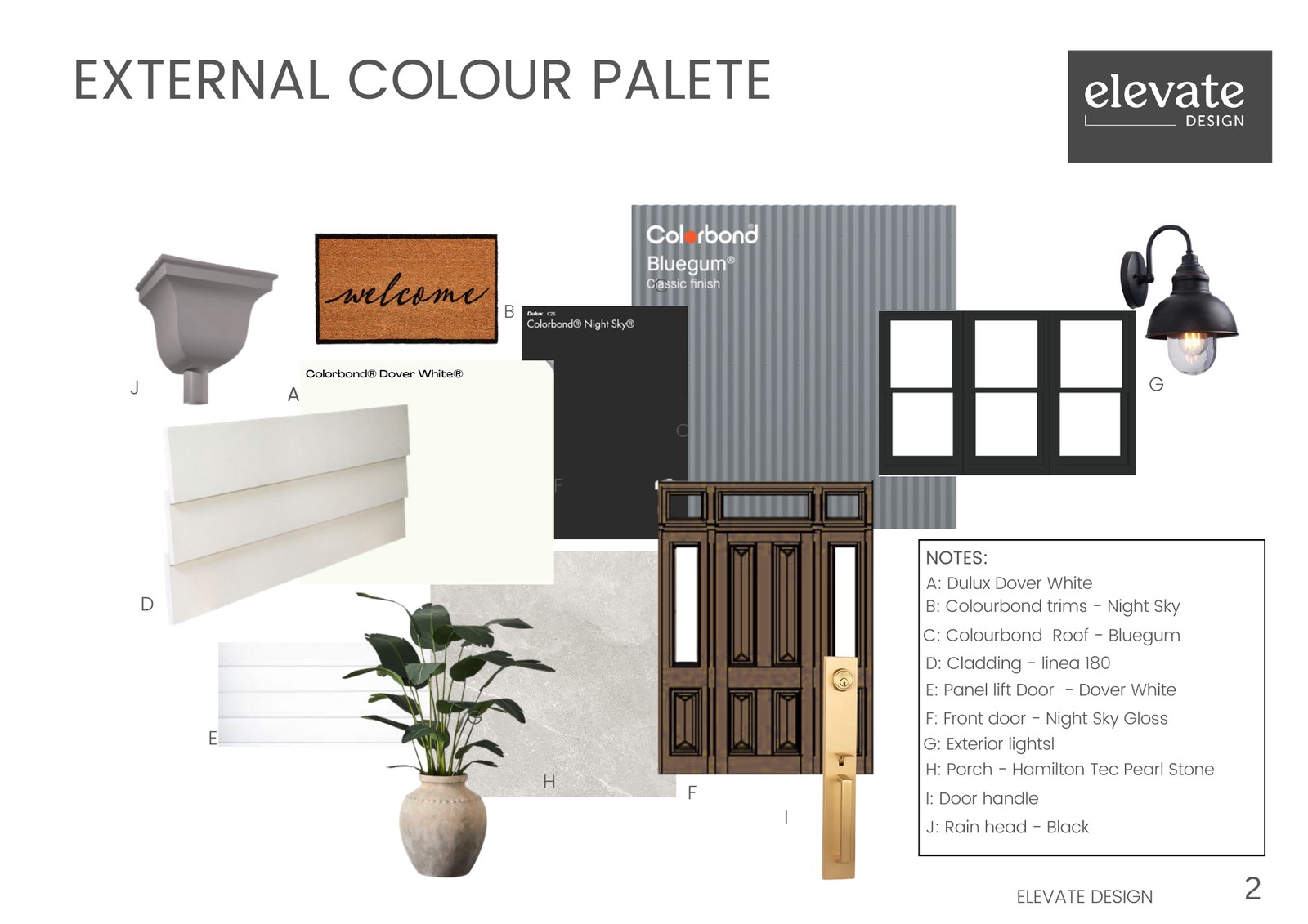 Elevate Design external colour palette mood board