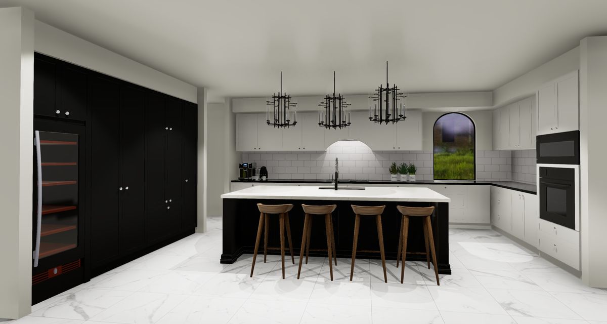 Luxury black and white kitchen render