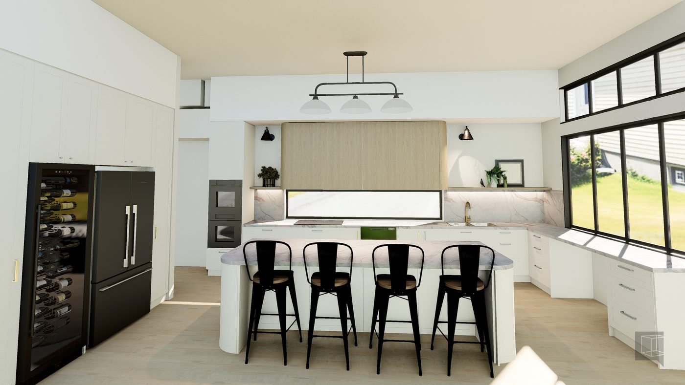 Moore kitchen - contemporary white with marble island and wine fridge
