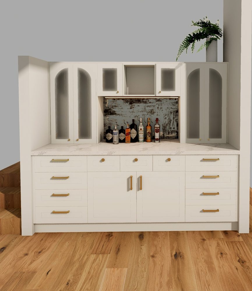 Moore bar cabinetry - arched glass doors with gold handles