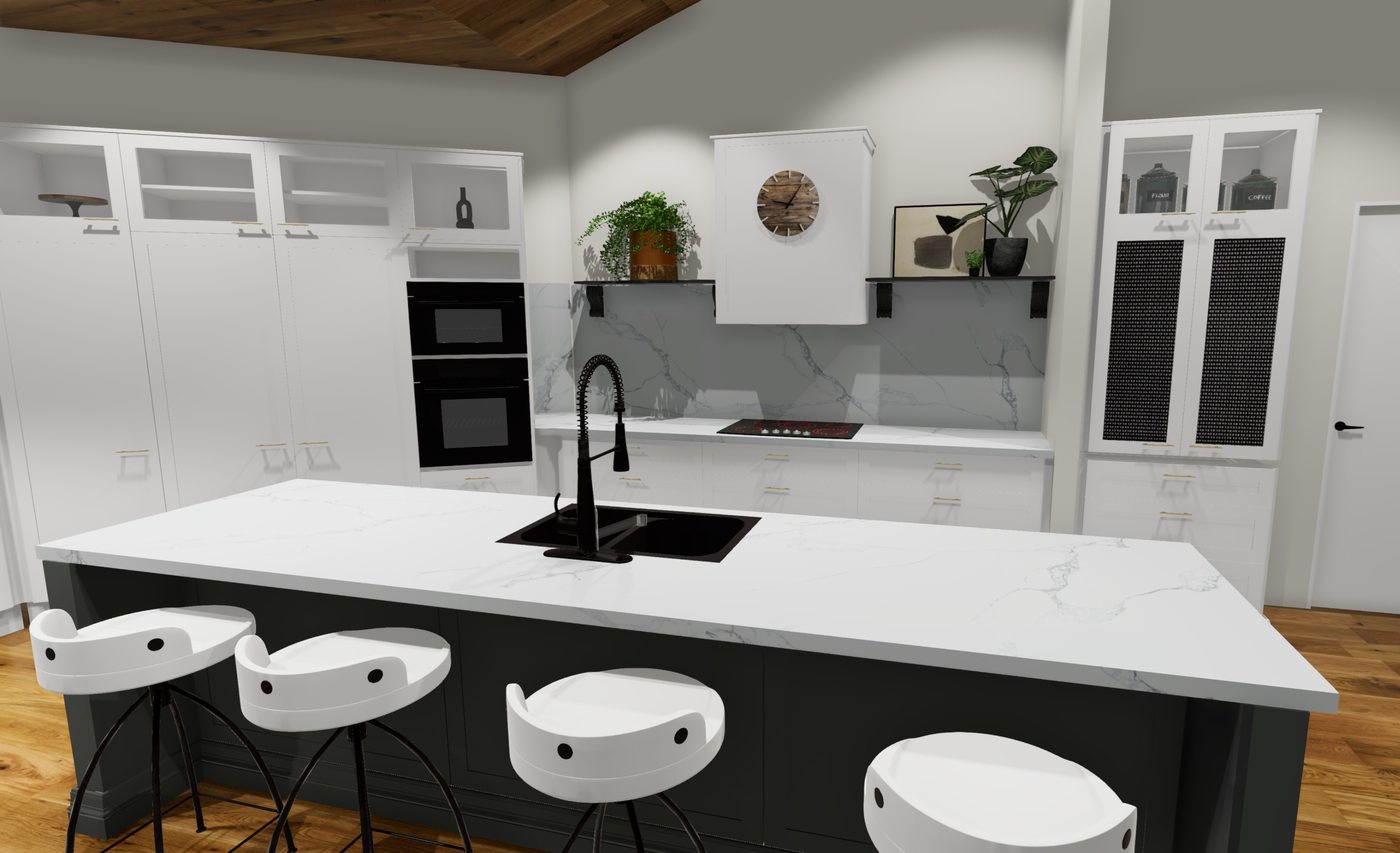 Forama kitchen render - white shaker with dark island and marble benchtop