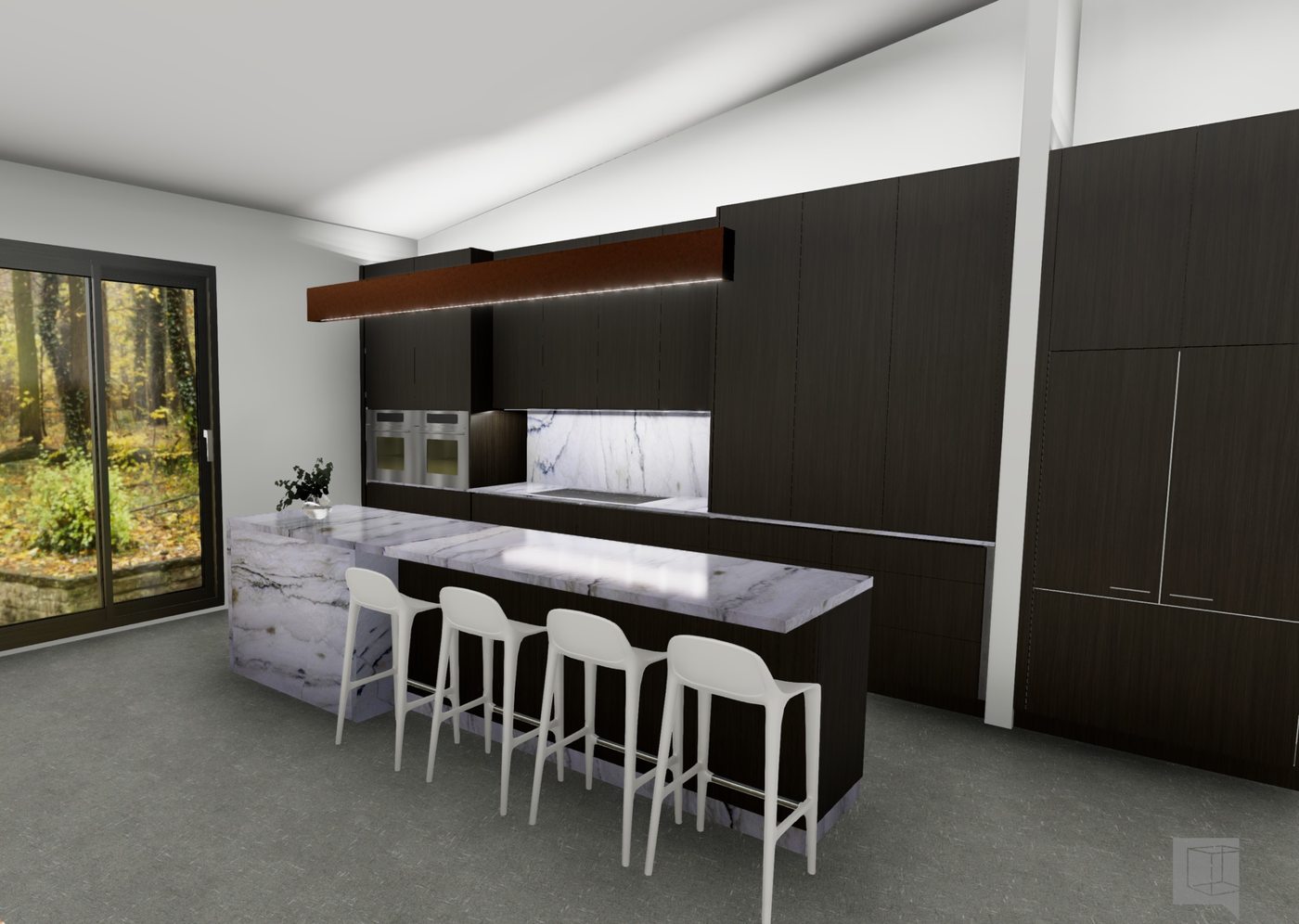 Rutpau kitchen render - dark timber with marble waterfall island