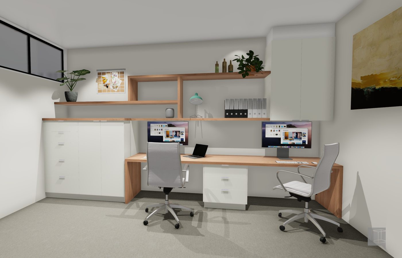 Suljos home office render - timber and white custom joinery