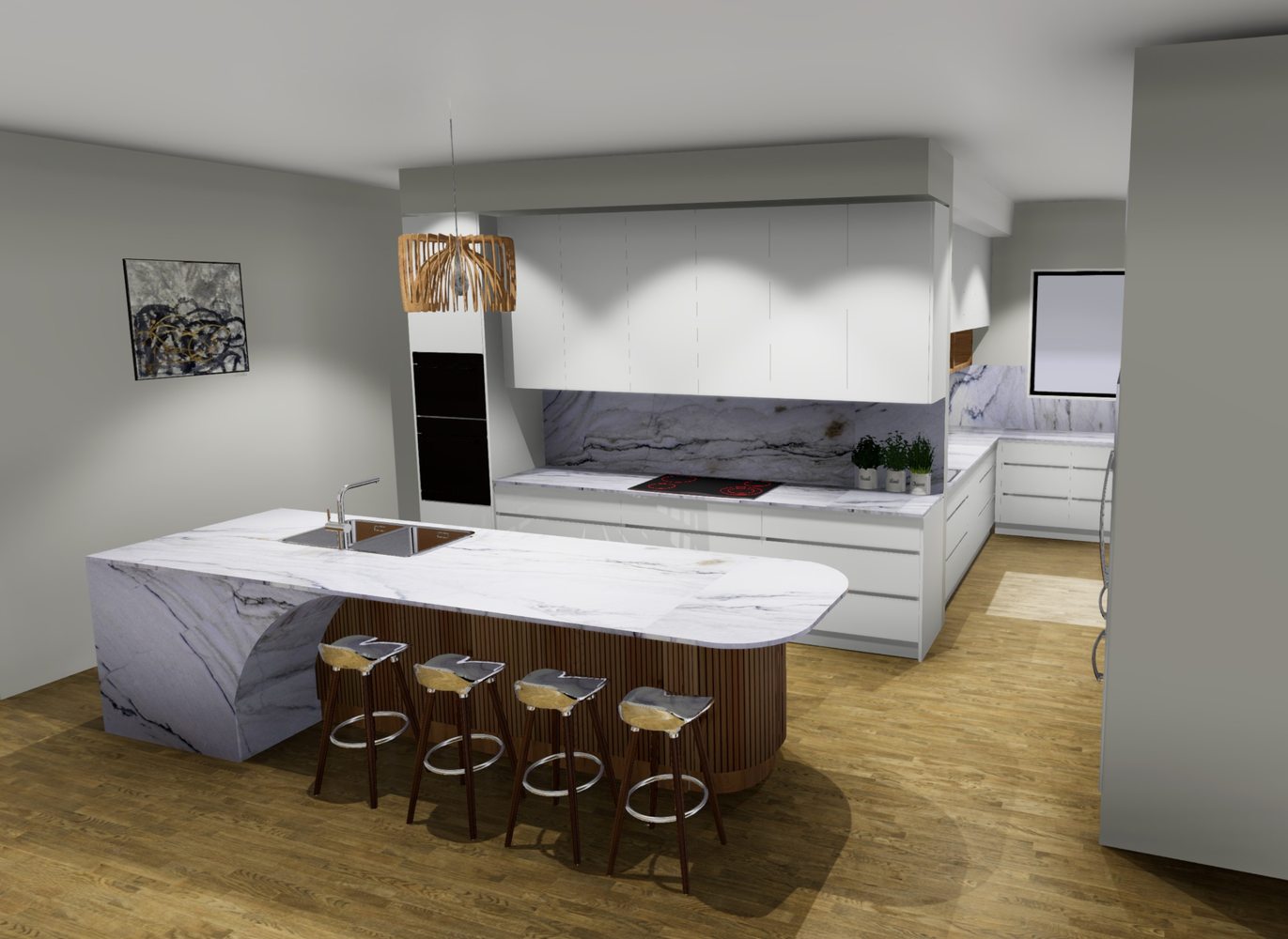 Carang kitchen render - white kitchen with curved timber island and marble